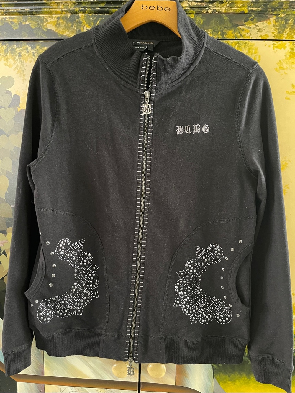 BCBG Black Rhinestone-Embellished Zip Jacket